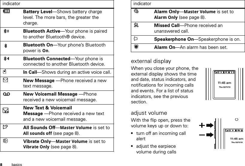 8basicsA Battery Level—Shows battery charge level. The more bars, the greater the charge.Bluetooth Active—Your phone is paired to another Bluetooth® device.Bluetooth On—Your phone’s Bluetooth power is On.Bluetooth Connected—Your phone is connected to another Bluetooth device.t In Call—Shows during an active voice call.] New Message —Phone received a new text message.w New Voicemail Message —Phone received a new voicemail message. New Text &amp; Voicemail Message —Phone received a new text and a new voicemail message.à All Sounds Off—Master Volume is set to All sounds off (see page 8).H Vibrate Only—Master Volume is set to Vibrate Only (see page 8).indicator]external displayWhen you close your phone, the external display shows the time and date, status indicators, and notifications for incoming calls and events. For a list of status indicators, see the previous section.adjust volumeWith the flip open, press the volume keys up or down to:•turn off an incoming call alert•adjust the earpiece volume during calls á Alarm Only—Master Volume is set to Alarm Only (see page 8).= Missed Call—Phone received an unanswered call. i Speakerphone On—Speakerphone is on.h Alarm On—An alarm has been set.indicator11:45 amThu 02/11/1011:45 amThu 02/11/10