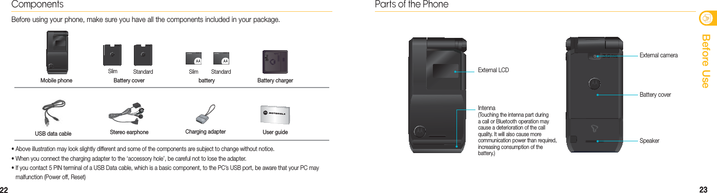 2222 23안전을 위한 주의사항23Before UseComponentsBefore using your phone, make sure you have all the components included in your package.• Above illustration may look slightly different and some of the components are subject to change without notice.• When you connect the charging adapter to the ‘accessory hole’, be careful not to lose the adapter. • If you contact 5 PIN terminal of a USB Data cable, which is a basic component, to the PC’s USB port, be aware that your PC may  malfunction (Power off, Reset)Battery coverSpeakerExternal cameraParts of the PhoneMobile phone Battery chargerUSB data cable User guideStereo earphone Charging adapterExternal LCDIntenna (Touching the intenna part during a call or Bluetooth operation may cause a deterioration of the call quality. It will also cause more  communication power than required, increasing consumption of the  battery.)Battery coverSlim SlimStandard Standardbattery