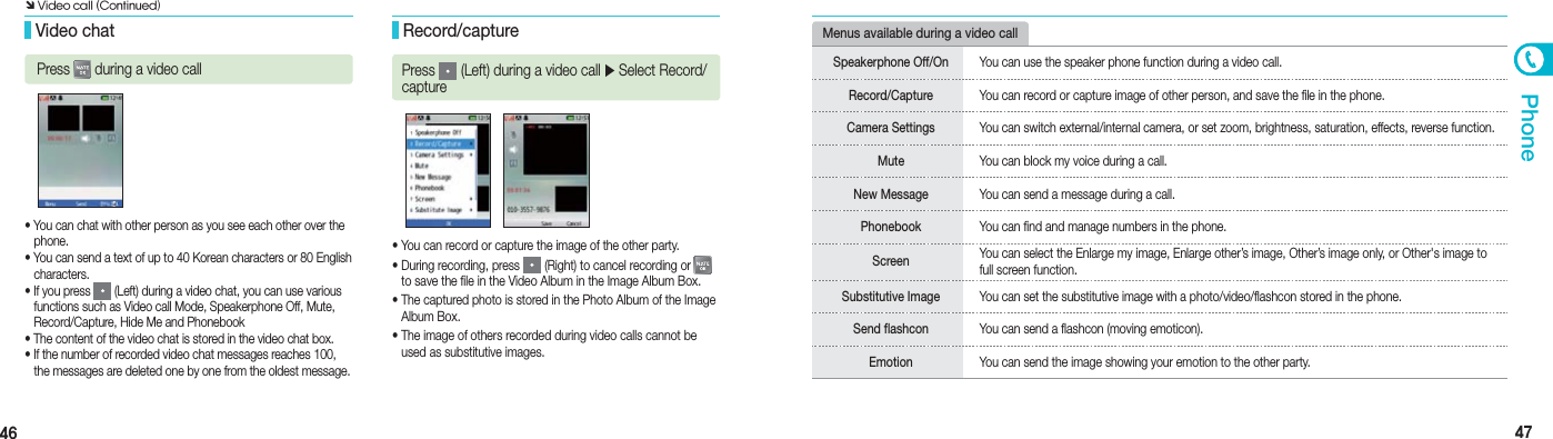 46 47PhoneMenus available during a video call• You can chat with other person as you see each other over the   phone.• You can send a text of up to 40 Korean characters or 80 English   characters.• If you press   (Left) during a video chat, you can use various   functions such as Video call Mode, Speakerphone Off, Mute,    Record/Capture, Hide Me and Phonebook• The content of the video chat is stored in the video chat box.• If the number of recorded video chat messages reaches 100,    the messages are deleted one by one from the oldest message.• You can record or capture the image of the other party.• During recording, press   (Right) to cancel recording or      to save the file in the Video Album in the Image Album Box.• The captured photo is stored in the Photo Album of the Image   Album Box.• The image of others recorded during video calls cannot be    used as substitutive images. Video chatPress   during a video call Record/capturePress   (Left) during a video call ▶ Select Record/captureSpeakerphone Off/On You can use the speaker phone function during a video call.Record/Capture  You can record or capture image of other person, and save the file in the phone.Camera Settings You can switch external/internal camera, or set zoom, brightness, saturation, effects, reverse function.Mute You can block my voice during a call.New Message  You can send a message during a call.Phonebook  You can find and manage numbers in the phone.Screen  You can select the Enlarge my image, Enlarge other’s image, Other’s image only, or Other&apos;s image to  full screen function.Substitutive Image  You can set the substitutive image with a photo/video/flashcon stored in the phone.Send flashcon  You can send a flashcon (moving emoticon).Emotion  You can send the image showing your emotion to the other party.Ô Video call (Continued)