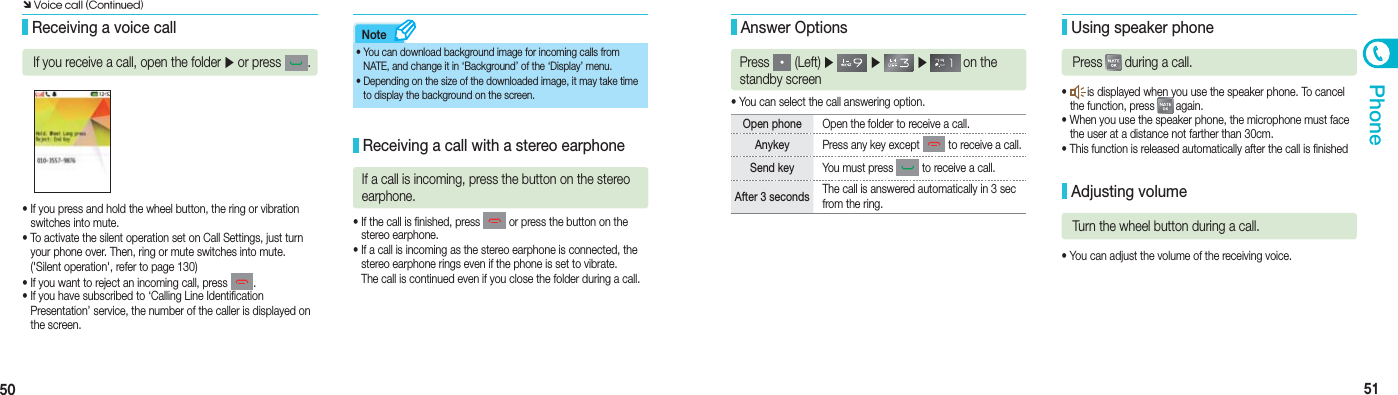 50 51PhoneNote• If you press and hold the wheel button, the ring or vibration    switches into mute.• To activate the silent operation set on Call Settings, just turn    your phone over. Then, ring or mute switches into mute.   (&apos;Silent operation&apos;, refer to page 130)• If you want to reject an incoming call, press  .• If you have subscribed to ‘Calling Line Identification   Presentation’ service, the number of the caller is displayed on   the screen. Receiving a voice callIf you receive a call, open the folder ▶ or press  .  • You can download background image for incoming calls from    NATE, and change it in ‘Background’ of the ‘Display’ menu.• Depending on the size of the downloaded image, it may take time    to display the background on the screen.• If the call is finished, press   or press the button on the   stereo earphone.• If a call is incoming as the stereo earphone is connected, the    stereo earphone rings even if the phone is set to vibrate.   The call is continued even if you close the folder during a call. Receiving a call with a stereo earphoneIf a call is incoming, press the button on the stereo earphone.•  You can select the call answering option. Answer OptionsPress   (Left) ▶   ▶   ▶  on the standby screen Open phone  Open the folder to receive a call.Anykey  Press any key except   to receive a call.Send key  You must press   to receive a call.After 3 seconds  The call is answered automatically in 3 sec from the ring.•    is displayed when you use the speaker phone. To cancel   the function, press   again.•  When you use the speaker phone, the microphone must face   the user at a distance not farther than 30cm.•  This function is released automatically after the call is finished•  You can adjust the volume of the receiving voice. Using speaker phonePress   during a call. Adjusting volumeTurn the wheel button during a call.Ô Voice call (Continued)