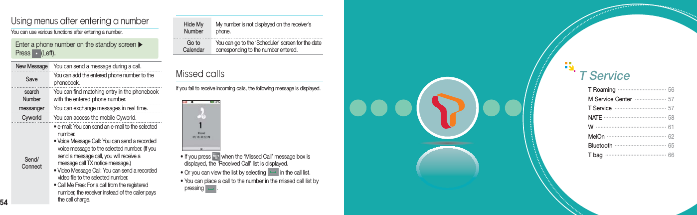 54• If you press   when the ‘Missed Call’ message box is    displayed, the ‘Received Call’ list is displayed.• Or you can view the list by selecting   in the call list.• You can place a call to the number in the missed call list by   pressing  .If you fail to receive incoming calls, the following message is displayed.Missed callsYou can use various functions after entering a number.Using menus after entering a numberNew Message You can send a message during a call.Save You can add the entered phone number to the phonebook.search  NumberYou can find matching entry in the phonebook with the entered phone number.messanger You can exchange messages in real time.Cyworld  You can access the mobile Cyworld.Send/ Connect•  e-mail: You can send an e-mail to the selected   number. • Voice Message Call: You can send a recorded     voice message to the selected number. (If you     send a message call, you will receive a     message call TX notice message.)• Video Message Call: You can send a recorded     video file to the selected number.• Call Me Free: For a call from the registered     number, the receiver instead of the caller pays     the call charge.Enter a phone number on the standby screen ▶ Press  (Left).T ServiceT Roaming  ·······························  56M Service Center  ···················· 57T Service  ································· 57NATE  ········································ 58W  ·············································  61MelOn  ······································   62Bluetooth  ·································   65T bag  ······································· 66Hide My NumberMy number is not displayed on the receiver’s phone.Go to  CalendarYou can go to the ‘Scheduler’ screen for the date corresponding to the number entered. 