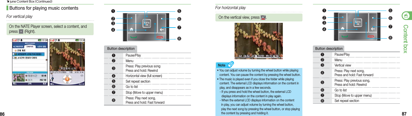 8686 8787Content boxNote Button description  Button description  Buttons for playing music contentsFor horizontal playOn the NATE Player screen, select a content, and press   (Right).For vertical playOn the vertical view, press  .❶Pause/Play❷Menu❸Press: Play previous song  Press and hold: Rewind ❹Horizontal view (full screen)❺Set repeat section❻Go to list❼Stop (Move to upper menu)❽Press: Play next song,  Press and hold: Fast forward ❶Pause/Play❷Menu❸Vertical view❹Press: Play next song,  Press and hold: Fast forward ❺Press: Play previous song,  Press and hold: Rewind ❻Go to list❼Stop (Move to upper menu)❽Set repeat section❶❷❸❹❽❼❻❺❶❷❸❹❽❼❻❺• You can adjust volume by turning the wheel button while  playing     content. You can pause the content by pressing the wheel button.• The music is played even if you close the folder while playing   content. The external LCD displays information on  the content in    play, and disappears as in a few seconds.  - If you press and hold the wheel button, the external LCD        displays information on the content in play again.  - When the external LCD displays information on the content      in play, you can adjust volume by turning the wheel button,      play the next song by pressing the wheel button, or stop playing      the content by pressing and holding it.Ô june Content Box (Continued)