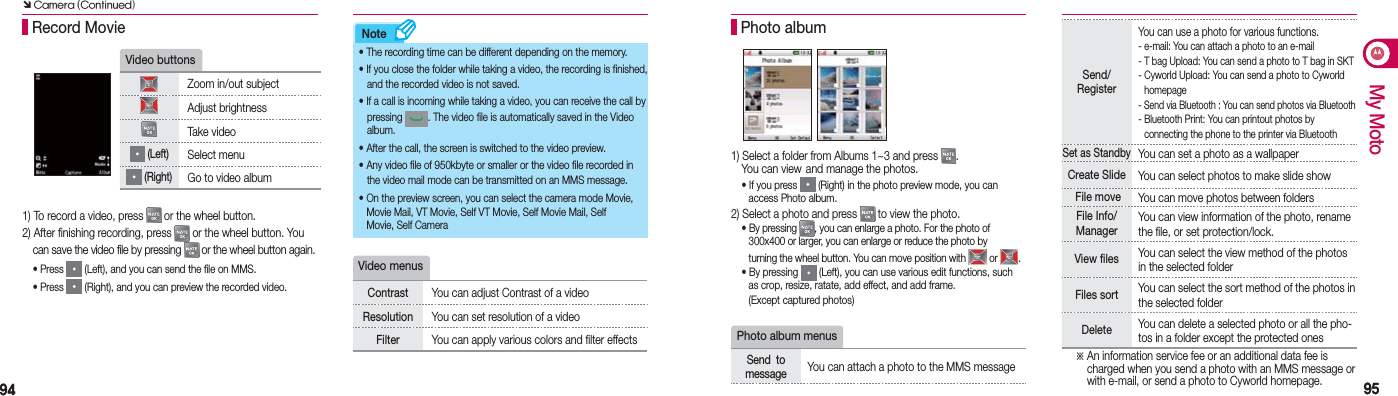 9494 9595My MotoNote1) To record a video, press   or the wheel button.2) After finishing recording, press   or the wheel button. You    can save the video file by pressing   or the wheel button again.   • Press   (Left), and you can send the file on MMS. • Press   (Right), and you can preview the recorded video. Record Movie• The recording time can be different depending on the memory.• If you close the folder while taking a video, the recording is finished,      and the recorded video is not saved.• If a call is incoming while taking a video, you can receive the call by       pressing  . The video file is automatically saved in the Video        album.• After the call, the screen is switched to the video preview.• Any video file of 950kbyte or smaller or the video file recorded in      the video mail mode can be transmitted on an MMS message.•  On the preview screen, you can select the camera mode Movie,   Movie Mail, VT Movie, Self VT Movie, Self Movie Mail, Self      Movie, Self CameraVideo buttonsZoom in/out subjectAdjust brightnessTake video (Left)Select menu (Right)Go to video albumVideo menusContrast You can adjust Contrast of a videoResolution  You can set resolution of a videoFilter  You can apply various colors and filter effects1) Select a folder from Albums 1~3 and press  .   You can view  and manage the photos.  • If you press   (Right) in the photo preview mode, you can     access Photo album.2) Select a photo and press   to view the photo.  • By pressing  , you can enlarge a photo. For the photo of      300x400 or larger, you can enlarge or reduce the photo by      turning the wheel button. You can move position with   or  .  • By pressing   (Left), you can use various edit functions, such      as crop, resize, ratate, add effect, and add frame.      (Except captured photos) Photo albumPhoto album menusSend  to  message  You can attach a photo to the MMS message ※  An information service fee or an additional data fee is charged when you send a photo with an MMS message or with e-mail, or send a photo to Cyworld homepage.Ô Camera (Continued)Send/ RegisterYou can use a photo for various functions. - e-mail: You can attach a photo to an e-mail- T bag Upload:  You can send a photo to T bag in SKT-  Cyworld Upload: You can send a photo to Cyworld    homepage- Send via Bluetooth : You can send photos via Bluetooth-  Bluetooth Print: You can printout photos by  connecting the phone to the printer via BluetoothSet as StandbyYou can set a photo as a wallpaperCreate Slide You can select photos to make slide show File move You can move photos between foldersFile Info/Manager You can view information of the photo, rename the file, or set protection/lock. View files  You can select the view method of the photos in the selected folderFiles sort  You can select the sort method of the photos in the selected folderDelete   You can delete a selected photo or all the pho-tos in a folder except the protected ones