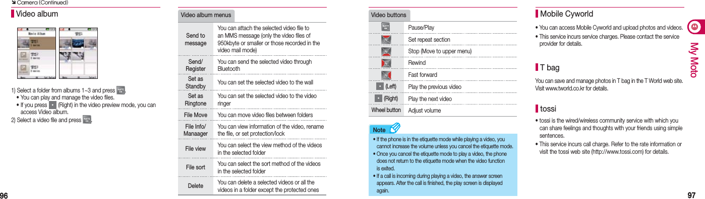 9696 9797My MotoNote Video album1) Select a folder from albums 1~3 and press  . •  You can play and manage the video files. •  If you press   (Right) in the video preview mode, you can   access Video album.2) Select a video file and press  .Video album menusSend to messageYou can attach the selected video file to an MMS message (only the video files of 950kbyte or smaller or those recorded in the video mail mode)Send/ RegisterYou can send the selected video through BluetoothSet as Standby You can set the selected video to the wallSet as RingtoneYou can set the selected video to the video ringerFile Move You can move video files between foldersFile Info/ManaagerYou can view information of the video, rename the file, or set protection/lockFile view You can select the view method of the videos in the selected folderFile sort You can select the sort method of the videos in the selected folderDelete   You can delete a selected videos or all the videos in a folder except the protected onesVideo buttonsPause/PlaySet repeat sectionStop (Move to upper menu)Rewind Fast forward  (Left)Play the previous video (Right)Play the next videoWheel button Adjust volume•  If the phone is in the etiquette mode while playing a video, you cannot increase the volume unless you cancel the etiquette mode.•  Once you cancel the etiquette mode to play a video, the phone does not return to the etiquette mode when the video function is exited. •  If a call is incoming during playing a video, the answer screen appears. After the call is finished, the play screen is displayed again.• You can access Mobile Cyworld and upload photos and videos.• This service incurs service charges. Please contact the service    provider for details. Mobile CyworldYou can save and manage photos in T bag in the T World web site. Visit www.tworld.co.kr for details. T bag tossi• tossi is the wired/wireless community service with which you    can share feelings and thoughts with your friends using simple   sentences. •  This service incurs call charge. Refer to the rate information or   visit the tossi web site (http://www.tossi.com) for details.Ô Camera (Continued)