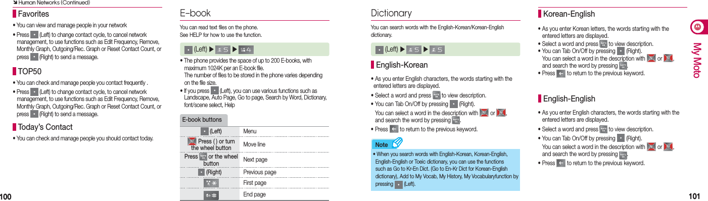 100100 101101My MotoNoteE-book (Left) ▶   ▶  • The phone provides the space of up to 200 E-books, with    maximum 1024K per an E-book file.  The number of files to be stored in the phone varies depending    on the file size.•  If you press   (Left), you can use various functions such as  Landscape, Auto Page, Go to page, Search by Word, Dictionary,  font/scene select, HelpYou can read text files on the phone.  See HELP for how to use the function.E-book buttons (Left) Menu Press ( ) or turn the wheel button Move linePress   or the wheel button Next page (Right) Previous page First pageEnd pageDictionary (Left) ▶   ▶  You can search words with the English-Korean/Korean-English dictionary.•                  As you enter English characters, the words starting with the entered letters are displayed.•                  Select a word and press   to view description.•                  You can Tab On/Off by pressing   (Right).  You can select a word in the description with   or  ,   and search the word by pressing  .•                  Press   to return to the previous keyword. English-Korean•  When you search words with English-Korean, Korean-English,  English-English or Toeic dictionary, you can use the functions  such as Go to Kr-En Dict. (Go to En-Kr Dict for Korean-English dictionary), Add to My Vocab, My History, My Vocabularyfunction by pressing   (Left).• As you enter Korean letters, the words starting with the    entered letters are displayed.• Select a word and press   to view description.• You can Tab On/Off by pressing   (Right).  You can select a word in the description with   or  ,   and search the word by pressing  .• Press    to return to the previous keyword. Korean-English •  As you enter English characters, the words starting with the   entered letters are displayed.•  Select a word and press   to view description.•  You can Tab On/Off by pressing   (Right).  You can select a word in the description with   or  ,   and search the word by pressing  .•  Press   to return to the previous keyword. English-English • You can view and manage people in your network•  Press   (Left) to change contact cycle, to cancel network   management, to use functions such as Edit Frequency, Remove,   Monthly Graph, Outgoing/Rec. Graph or Reset Contact Count, or  press   (Right) to send a message. Favorites• You can check and manage people you contact frequently .•  Press   (Left) to change contact cycle, to cancel network   management, to use functions such as Edit Frequency, Remove,   Monthly Graph, Outgoing/Rec. Graph or Reset Contact Count, or  press   (Right) to send a message. TOP50• You can check and manage people you should contact today. Today’s ContactÔ Human Networks (Continued)