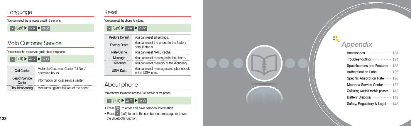 132132 (Left) ▶   ▶   LanguageYou can select the language used in the phone.Moto Customer ServiceYou can receive the service guide about the phone.  (Left) ▶   ▶     (Left) ▶   ▶ ResetYou can reset the phone functions.Restore Default You can reset all settings.Factory Reset You can reset the phone to the factory default status.Nate Cache You can reset NATE cache.Message You can reset messages in the phone.Dictionary You can reset memory of the dictionary.USIM Data You can reset messages and phonebook in the USIM card.• Press   to enter and save personal information.• Press   (Left) to send the number on a message or to use    the Bluetooth function. (Left) ▶   ▶ About phoneYou can view the model and the S/W version of the phone.Call Center Motorola Customer Center Tel No. /  operating hoursSearch Service Center Information on local service centerTroubleshooting Measures against failures of the phoneAppendixAccessories  •••••••••••••••• 134Troubleshooting ••••••••••••• 134Specifications and Features •• 135 Authentication Label ••••••••• 135Specific Absorption Rate •••• 136Motorola Service Center ••••• 137Collecting wasted-mobile phones ••142Battery Disposal  •••••••••••• 143Safety, Regulatory &amp; Legal  •• 143
