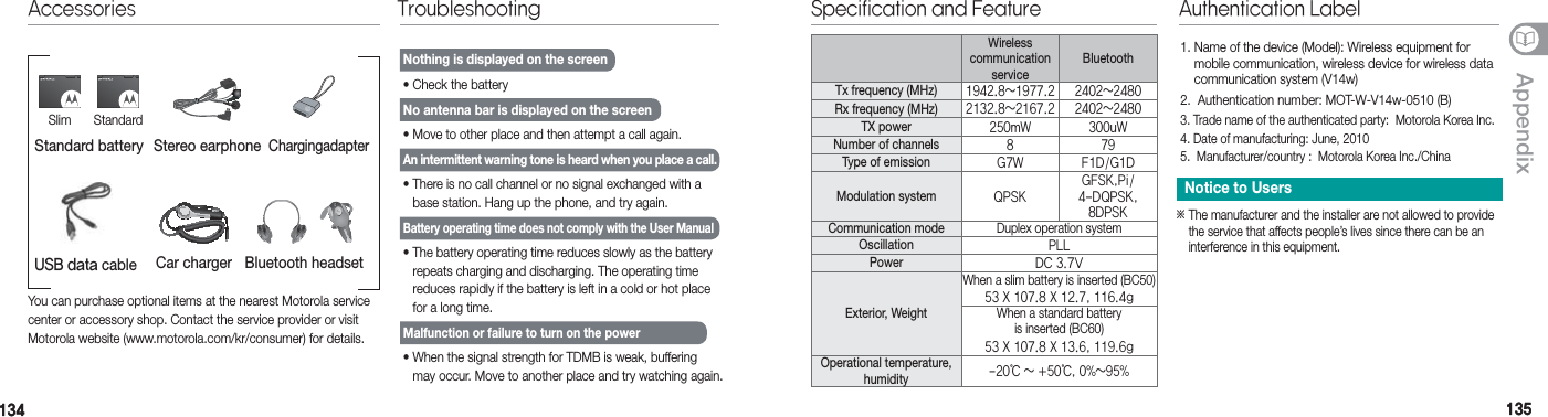 134134 135135AppendixYou can purchase optional items at the nearest Motorola service center or accessory shop. Contact the service provider or visit Motorola website (www.motorola.com/kr/consumer) for details.Nothing is displayed on the screen• Check the batteryNo antenna bar is displayed on the screen• Move to other place and then attempt a call again.An intermittent warning tone is heard when you place a call.•  There is no call channel or no signal exchanged with a   base station. Hang up the phone, and try again.Battery operating time does not comply with the User Manual •   The battery operating time reduces slowly as the battery    repeats charging and discharging. The operating time    reduces rapidly if the battery is left in a cold or hot place   for a long time.Malfunction or failure to turn on the power•    When the signal strength for TDMB is weak, buffering   may occur. Move to another place and try watching again.Bluetooth headsetCar chargerUSB data cableStereo earphoneChargingadapterStandard batteryTroubleshootingAccessoriesStandardSlim1.   Name of the device (Model): Wireless equipment for   mobile communication, wireless device for wireless data    communication system (V14w)2.  Authentication number: MOT-W-V14w-0510 (B)3. Trade name of the authenticated party:  Motorola Korea Inc.4. Date of manufacturing: June, 20105.  Manufacturer/country :  Motorola Korea Inc./ChinaWireless  communication serviceBluetoothTx frequency (MHz) 1942.8~1977.2 2402~2480Rx frequency (MHz) 2132.8~2167.2 2402~2480TX power 250mW 300uWNumber of channels 879Type of emission G7W F1D/G1DModulation system QPSKGFSK,Pi/ 4-DQPSK, 8DPSKCommunication mode Duplex operation systemOscillation PLLPower DC 3.7VExterior, WeightWhen a slim battery is inserted (BC50)53 X 107.8 X 12.7, 116.4gWhen a standard battery  is inserted (BC60) 53 X 107.8 X 13.6, 119.6gOperational temperature,  humidity -20℃ ~ +50℃, 0%~95%  Notice to Users※   The manufacturer and the installer are not allowed to provide   the service that affects people’s lives since there can be an   interference in this equipment.Specification and Feature Authentication Label