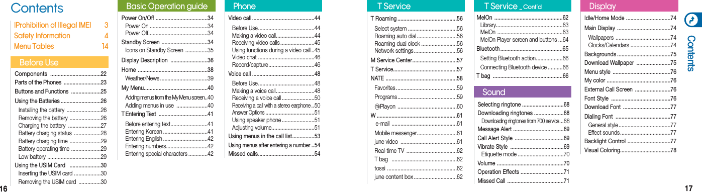 1616 1717ContentsContentsComponents   ..................................22           Parts of the Phones   .........................23           Buttons and Functions   ....................25      Using the Batteries ...........................26 Installing the battery  .......................26  Removing the battery  .....................26     Charging the battery  ......................27    Battery charging status  ..................28   Battery charging time  .....................29     Battery operating time  ....................29    Low battery  ....................................29Using the USIM Card   .....................30  Inserting the USIM card  ..................30  Removing the USIM card  ...............30Before UseIProhibition of Illegal IMEI   3           Safety Information  4Menu Tables  14Power On/Off  ...................................34      Power On .......................................34 Power Off ........................................34Standby Screen  ...............................34 Icons on Standby Screen  ...............35     Display Description  .........................36      Home  ...............................................38 Weather/News ................................39My Menu ...........................................40 Adding menus from the My Menu screen ..40  Adding menus in use  .....................40T Entering  Text  .................................41 Before entering text .........................41    Entering Korean ..............................41    Entering English ..............................42   Entering numbers ............................42    Entering special characters .............42Basic Operation guideVideo call ..........................................44 Before Use ......................................44  Making a video call..........................44  Receiving video calls .......................45  Using functions during a video call ..45 Video chat ......................................46 Record/capture ...............................46Voice call ..........................................48   Before Use ......................................48  Making a voice call ..........................48  Receiving a voice call ......................50  Receiving a call with a stereo earphone ..50 Answer Options .................................51  Using speaker phone ......................51 Adjusting volume.............................51Using menus in the call list ...............53Using menus after entering a number ..54Missed calls ......................................54PhoneT Roaming ........................................56     Select system .................................56      Roaming auto dial ...........................56  Roaming dual clock ........................56 Network settings .............................56M Service Center ..............................57   T Service ...........................................57   NATE  ................................................58 Favorites .........................................59 Programs ........................................59 ⓜPlayon  ........................................60W ......................................................61   e-mail  ............................................61 Mobile messenger ...........................61  june video  ......................................61  Real-time TV  ..................................62  T bag   ............................................62 tossi  ...............................................62  june content box .............................62 T ServiceSelecting ringtone ............................68   Downloading ringtones ....................68 Downloading ringtones from 700 service ...68Message Alert  ..................................69  Call Alert Style  .................................69   Vibrate Style  ....................................69 Etiquette mode ...............................70Volume  .............................................70Operation Effects  .............................71Missed Call  ......................................71SoundIdle/Home Mode  ..............................74     Main Display  ....................................74    Wallpapers  .....................................74 Clocks/Calendars ...........................74Backgrounds ....................................75Download Wallpaper  .......................75Menu style  .......................................76My color  ...........................................76 External Call Screen  ........................76Font Style  ........................................76Download Font  ................................77Dialing Font  .....................................77 General style ...................................77 Effect sounds ..................................77Backlight Control  .............................77Visual Coloring..................................78DisplayMelOn  ..............................................62 Library.............................................63 MelOn  ............................................63  MelOn Player sereen and buttons ...64Bluetooth ..........................................65 Setting Bluetooth action ..................66  Connecting Bluetooth device ..........66T bag  ...............................................66 T Service _ Cont’d