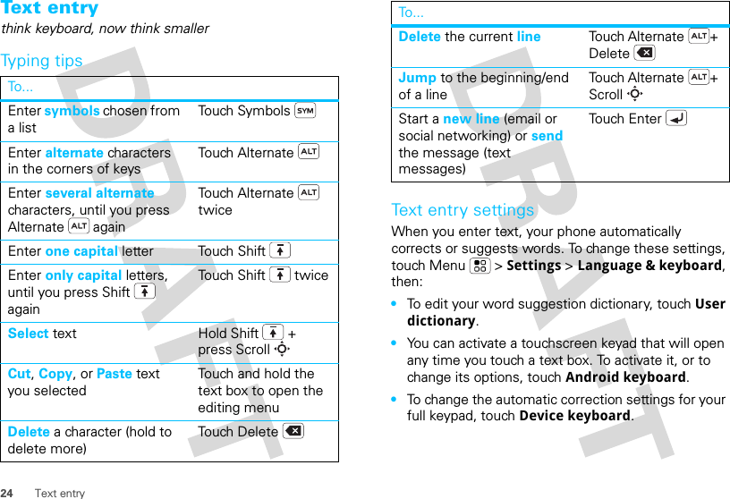 24 Text entryText entrythink keyboard, now think smallerTyping tipsTo . ..Enter symbols chosen from a listTouch SymbolsEnter alternate characters in the corners of keysTouch AlternateEnter several alternate characters, until you press Alternate  againTouch Alternate  twiceEnter one capital letter Touch ShiftEnter only capital letters, until you press Shift  againTouch Shift  twiceSelect text Hold Shift + press ScrollCut, Copy, or Paste text you selectedTouch and hold the text box to open the editing menuDelete a character (hold to delete more)Touch DeleteText entry settingsWhen you enter text, your phone automatically corrects or suggests words. To change these settings, touch Menu  &gt; Settings &gt; Language &amp; keyboard, then:•To edit your word suggestion dictionary, touch User dictionary.•You can activate a touchscreen keyad that will open any time you touch a text box. To activate it, or to change its options, touch Android keyboard.•To change the automatic correction settings for your full keypad, touch Device keyboard.Delete the current line Touch Alternate + DeleteJump to the beginning/end of a lineTouch Alternate + ScrollStart a new line (email or social networking) or send the message (text messages) Touch EnterTo...