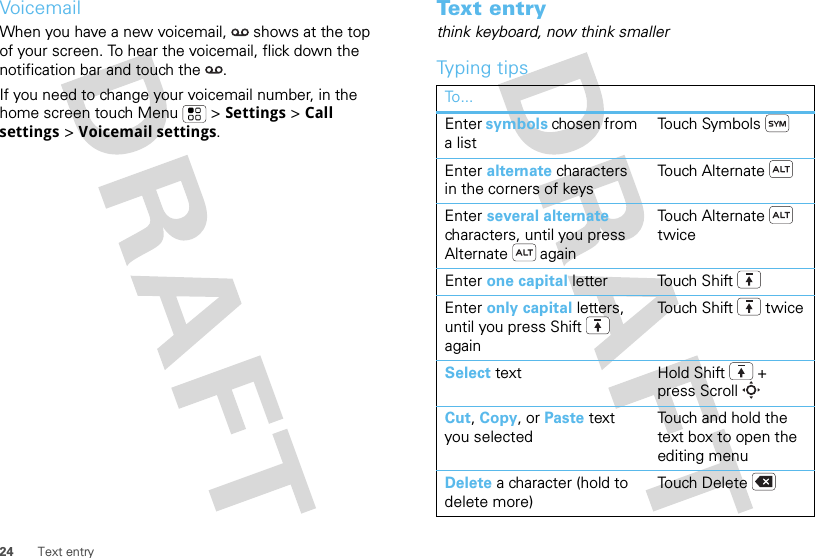 24 Text entryVoicemailWhen you have a new voicemail,  shows at the top of your screen. To hear the voicemail, flick down the notification bar and touch the  .If you need to change your voicemail number, in the home screen touch Menu  &gt; Settings &gt; Call settings &gt; Voicemail settings.Text entrythink keyboard, now think smallerTyping tipsTo...Enter symbols chosen from a listTouch SymbolsEnter alternate characters in the corners of keysTo uch A l t e r n a t eEnter several alternate characters, until you press Alternate  againTo uch A l t e r n a t e  twiceEnter one capital letter Touch ShiftEnter only capital letters, until you press Shift  againTo uch S h i ft  t wi c eSelect text Hold Shift + press ScrollCut, Copy, or Paste text you selectedTouch and hold the text box to open the editing menuDelete a character (hold to delete more)To uch D el e t e