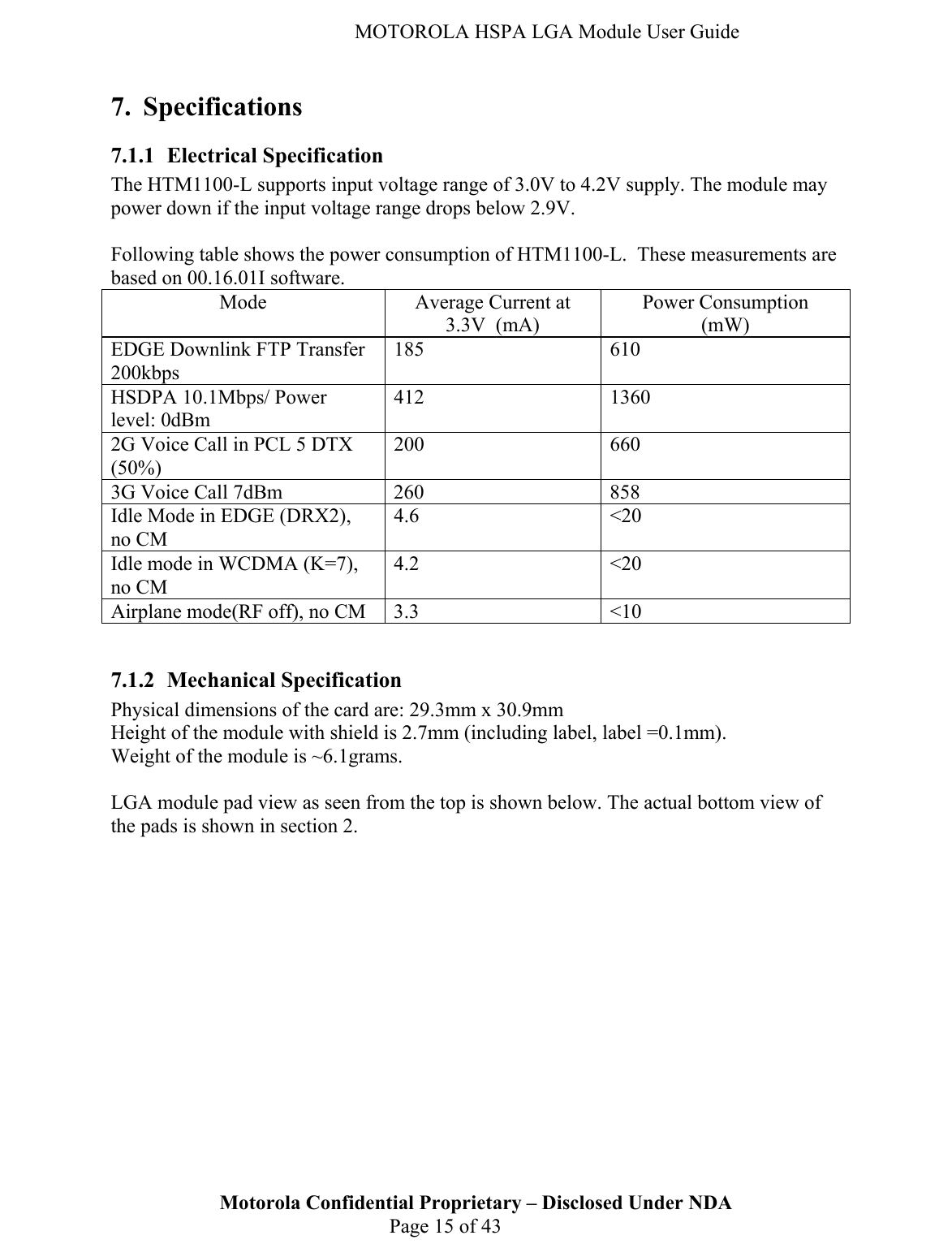   MOTOROLA HSPA LGA Module User Guide 7. Specifications 7.1.1 Electrical Specification The HTM1100-L supports input voltage range of 3.0V to 4.2V supply. The module may power down if the input voltage range drops below 2.9V.  Following table shows the power consumption of HTM1100-L.  These measurements are based on 00.16.01I software. Mode Average Current at 3.3V  (mA) Power Consumption  (mW) EDGE Downlink FTP Transfer 200kbps 185 610 HSDPA 10.1Mbps/ Power level: 0dBm 412 1360 2G Voice Call in PCL 5 DTX (50%) 200 660 3G Voice Call 7dBm 260 858 Idle Mode in EDGE (DRX2), no CM 4.6 &lt;20 Idle mode in WCDMA (K=7), no CM 4.2 &lt;20 Airplane mode(RF off), no CM 3.3 &lt;10  7.1.2 Mechanical Specification Physical dimensions of the card are: 29.3mm x 30.9mm Height of the module with shield is 2.7mm (including label, label =0.1mm). Weight of the module is ~6.1grams.  LGA module pad view as seen from the top is shown below. The actual bottom view of the pads is shown in section 2. Motorola Confidential Proprietary – Disclosed Under NDA  Page 15 of 43  