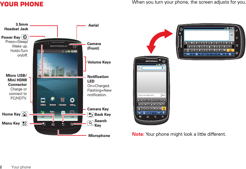 2Your phoneYour phone12:09Gallery Browser SettingsCalculatorSettttiningsgsSettttiningsgs3.5mm Headset JackHome Key Back KeyMicrophoneMenu KeyMicro USB/ Mini HDMI ConnectorCharge or connect to PC/HDTV.Camera (Front)Volume KeysSearch KeyCamera KeyPress=Sleep/ Wake up.Hold=Turn on/off.Power KeyNotification LEDOn=Charged.Flashing=New notification.AerialWhen you turn your phone, the screen adjusts for you.Note: Your phone might look a little different.. ,Next11:3511:35SendEnter message hereTo: