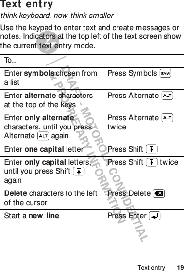 19Text entryText ent rythink keyboard, now think smallerUse the keypad to enter text and create messages or notes. Indicators at the top left of the text screen show the current text entry mode.To. ..Enter symbols chosen from a listPress SymbolsEnter alternate characters at the top of the keysPress AlternateEnter only alternate characters, until you press Alternate  againPress Alternate  tw iceEnter one capital letter Press ShiftEnter only capital letters, until you press Shift  againPress Shift  tw iceDelete characters to the left of the cursorPress DeleteStart a new line Press Enter