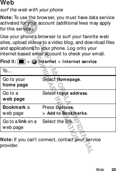 29WebWebsurf the web w ith your phoneNote: To use the browser, you must have data service activated for your account (additional fees may apply for this service).Use your phone’s browser to surf your favorite web sites, upload videos to a video blog, and dow nload files and applications to your phone. Log onto your internet-based email account to check your email.Find it:   &gt;I nt ernet &gt;I nt ernet serviceNote: If you can’t connect, contact your service provider.To. ..Go to your home pageSelectHom epage.Go to a web pageSelectI nput address.Bookmark a web pagePressOpt ions &gt;Add to Bookmarks.Go to a link on a web pageSelect the link.