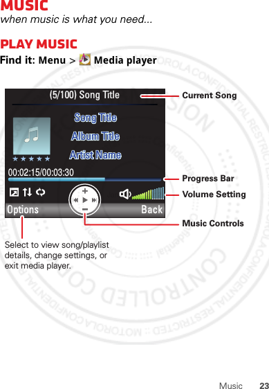 23MusicMusicwhen music is what you need...Play musicFind it: Menu &gt; Media playerBackOptions(5/100) Song Title00:02:15/00:03:30Song TitleSong TitleAlbum TitleAlbum TitleArtist NameArtist NameSelect to view song/playlist details, change settings, or exit media player.Current SongProgress BarVolume SettingMusic ControlsJanuary 12, 2012