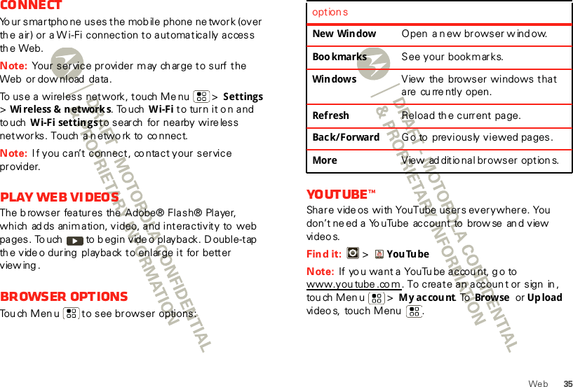 35WebConnectYo ur smartpho ne uses the mob ile phone  ne twork (over th e air) or a W i-Fi connection to automatically access th e Web.Note: Your service provider may ch arge to surf the Web  or dow nload  data.To use a wireless network, touch Me nu  &gt; Settings &gt;Wi reless  &amp;  n etwork s. To uch  Wi-Fi t o turn it o n and to uch  Wi-Fi settings to search  for nearby wireless networks. Touch  a n etwo rk to  co nnect. Note: I f you can’t connect, co ntact your service provider.Play web videosThe b rowser features the  Adobe® Flash® Player,  which  ad ds  anim ation, video, and interactivity to web pages. To uch   to b egin vide o playback. D ouble-tap  th e vide o during  playback to enlarge it for better viewing. Browser optionsTou ch Men u  to see browser  options:YouT ube™Share vide os with YouTube users everywhere. You don’t ne ed a Yo uTube  account to  brow se  an d view vi deo s.Find it:   &gt; YouTubeNote: If yo u want a YouTu be accou nt, g o to  www.you tube .co m. To create an accoun t or sign  in , touch Menu  &gt;  My account. To  Brow se  or Upload video s, touch Menu .option sNew  Win dow Open  a n ew browser w ind ow.Boo kmarks See your bookmarks.Win dow s View  the browser windows that are  cu rre ntly open.Refresh Reload th e current page.Bac k/ Forward G o to  previously viewed pages.More V iew  ad ditio nal browser option s.