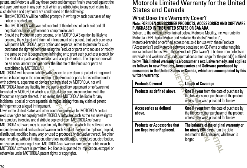 70patent, and Motorola will pay those costs and damages finally awarded against the end user purchaser in any such suit which are attributable to any such claim, but such defense and payments are conditioned on the following:•That MOTOROLA will be notified promptly in writing by such purchaser of any notice of such claim;•That MOTOROLA will have sole control of the defense of such suit and all negotiations for its settlement or compromise; and•Should the Product or parts become, or in MOTOROLA’S opinion be likely to become, the subject of a claim of infringement of a patent, that such purchaser will permit MOTOROLA, at its option and expense, either to procure for such purchaser the right to continue using the Product or parts or to replace or modify the same so that it becomes non infringing or to grant such purchaser a credit for the Product or parts as depreciated and accept its return. The depreciation will be an equal amount per year over the lifetime of the Product or parts as established by MOTOROLA.MOTOROLA will have no liability with respect to any claim of patent infringement which is based upon the combination of the Product or parts furnished hereunder with software, apparatus or devices not furnished by MOTOROLA, nor will MOTOROLA have any liability for the use of ancillary equipment or software not furnished by MOTOROLA which is attached to or sued in connection with the Product or any parts thereof. In no event shall MOTOROLA be liable for any incidental, special or consequential damages arising from any claim of patent infringement or alleged infringement.Laws in the United States and other countries preserve for MOTOROLA certain exclusive rights for copyrighted MOTOROLA software, such as the exclusive rights to reproduce in copies and distribute copies of such MOTOROLA software. MOTOROLA software may be used in only the Product in which the software was originally embodied and such software in such Product may not be replaced, copied, distributed, modified in any way, or used to produce any derivative thereof. No other use including, without limitation, alteration, modification, reproduction, distribution, or reverse engineering of such MOTOROLA software or exercise or rights in such MOTOROLA software is permitted. No license is granted by implication, estoppel or otherwise under MOTOROLA patent rights or copyrights.Motorola Limited Warranty for the United States and CanadaWa rr a n t yWhat Does this Warranty Cover?Note: FOR IDEN SUBSCRIBER PRODUCTS, ACCESSORIES AND SOFTWARE PURCHASED IN THE UNITED STATES OR CANADA.Subject to the exclusions contained below, Motorola Mobility, Inc. warrants its Motorola iDEN Digital Mobile and Portable Handsets (&quot;Products&quot;), Motorola-branded or certified accessories sold for use with these Products (&quot;Accessories&quot;) and Motorola software contained on CD-Roms or other tangible media and sold for use with these Products (&quot;Software&quot;) to be free from defects in materials and workmanship under normal consumer usage for the period(s) outlined below. This limited warranty is a consumer&apos;s exclusive remedy, and applies as follows to new Products, Accessories and Software purchased by consumers in the United States or Canada, which are accompanied by this written warranty:Products Covered Length of CoverageProducts as defined above. One (1) year from the date of purchase by the first consumer purchaser of the product unless otherwise provided for below.Accessories as defined above.One (1) year from the date of purchase by the first consumer purchaser of the product unless otherwise provided for below.Products or Accessories that are Repaired or Replaced.The balance of the original warranty or for ninety (90) days from the date returned to the consumer, whichever is longer.