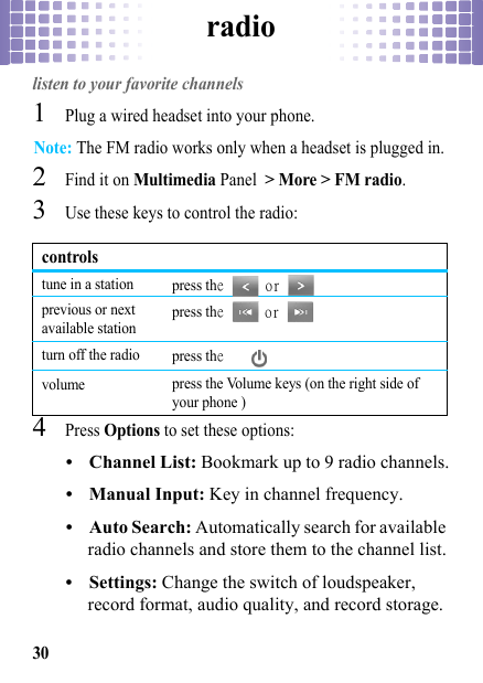 radio30radiolisten to your favorite channels  1Plug a wired headset into your phone.Note: The FM radio works only when a headset is plugged in.2Find it on Multimedia Panel &gt; More &gt; FM radio.3Use these keys to control the radio:4Press Options to set these options:•Channel List: Bookmark up to 9 radio channels.• Manual Input: Key in channel frequency.• Auto Search: Automatically search for available radio channels and store them to the channel list.•Settings: Change the switch of loudspeaker, record format, audio quality, and record storage.controlstune in a station press the  or   previous or next available station press the  or   turn off the radio press the  volume press the Volume keys (on the right side of your phone )