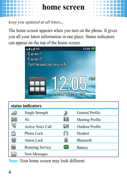 home screen4home screenkeep you updated at all times... The home screen appears when you turn on the phone. It gives you all your latest information in one place. Status indicators can appear on the top of the home screen.Note: Your home screen may look different.status indicatorsSingle Strength General Profile3G Meeting ProfileActive Voice Call Outdoor ProfilePhone Lock HeadsetAlarm Lock BluetoothRoaming Service BatteryNew Messages