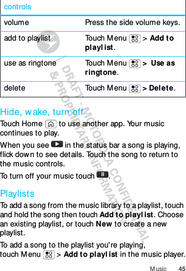 45M usicHide, wake, turn offTouch Home  to use another app. Your music continues to play.When you see   in the status bar a song is playing, flick down to see details. Touch the song to return to the music controls.To turn off your music touch .PlaylistsTo add a song from the music library to a playlist, touch and hold the song then touch Add to playl ist. Choose an existing playlist, or touch New to create a new  playlist.To add a song to the playlist you&apos;re playing, touch M enu  &gt;  Add to playl ist in the music player.volume Press the side volume keys.add to playlist Touch Menu  &gt; Add to playl ist.use as ringtone Touch M enu  &gt;  Use as ringtone.delete Touch M enu  &gt; Del ete.controls