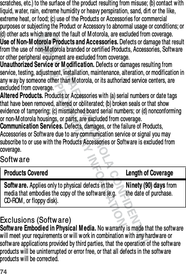 74scratches, etc.) to the surface of the product resulting from misuse; (b) contact with liquid, water, rain, extreme humidity or heavy perspiration, sand, dirt or the like, extreme heat, or food; (c) use of the Products or Accessories for commercial purposes or subjecting the Product or Accessory to abnormal usage or conditions; or (d) other acts which are not the fault of M otorola, are excluded from coverage.Use of Non-M otorola Products and Accessories. Defects or damage that result from the use of non-M otorola branded or certified Products, Accessories, Software or other peripheral equipment are excluded from coverage.Unauthorized Service or M odification. Defects or damages resulting from service, testing, adjustment, installation, maintenance, alteration, or modification in any w ay by someone other than Motorola, or its authorized service centers, are excluded from coverage.Altered Products. Products or Accessories with (a) serial numbers or date tags that have been removed, altered or obliterated; (b) broken seals or that show evidence of tampering; (c) mismatched board serial numbers; or (d) nonconforming or non-Motorola housings, or parts, are excluded from coverage.Communication Services. Defects, damages, or the failure of Products, Accessories or Software due to any communication service or signal you may subscribe to or use with the Products Accessories or Softw are is excluded from coverage.Softw areExclusions (Softw are)Softw are Embodied in Physical M edia. No warranty is made that the softw are will meet your requirements or will work in combination with any hardware or softw are applications provided by third parties, that the operation of the software products will be uninterrupted or error free, or that all defects in the softw are products will be corrected.Products Covered Length of CoverageSoftw are. Applies only to physical defects in the media that embodies the copy of the software (e.g. CD-ROM, or floppy disk).Ninety (90) days from the date of purchase.