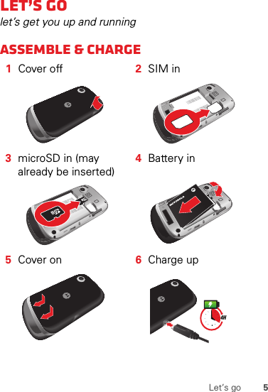 5Let’s goLet’s golet’s get you up and runningAssemble &amp; charge  1Cover off 2SIM in3microSD in (may already be inserted)4Battery in5Cover on 6Charge up4H