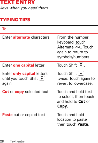 28 Text entryText entrykeys when you need themTyping tipsTo . ..Enter alternate characters From the number keyboard, touch Alternate . Touch again to return to symbols/numbers.Enter one capital letter Touch Shift .Enter only capital letters, until you touch Shift  againTou ch  Sh ift  twice. Touch again to revert to lowercase.Cut or copy selected text Touch and hold text to select, then touch and hold to Cut or Copy.Paste cut or copied text Touch and hold location to paste then touch Paste.