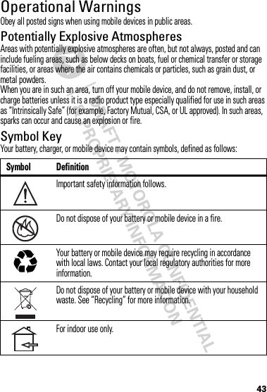 43Operational WarningsObey all posted signs when using mobile devices in public areas.Potentially Explosive AtmospheresAreas with potentially explosive atmospheres are often, but not always, posted and can include fueling areas, such as below decks on boats, fuel or chemical transfer or storage facilities, or areas where the air contains chemicals or particles, such as grain dust, or metal powders.When you are in such an area, turn off your mobile device, and do not remove, install, or charge batteries unless it is a radio product type especially qualified for use in such areas as “Intrinsically Safe” (for example, Factory Mutual, CSA, or UL approved). In such areas, sparks can occur and cause an explosion or fire.Symbol KeyYour battery, charger, or mobile device may contain symbols, defined as follows:Symbol DefinitionImportant safety information follows.Do not dispose of your battery or mobile device in a fire.Your battery or mobile device may require recycling in accordance with local laws. Contact your local regulatory authorities for more information.Do not dispose of your battery or mobile device with your household waste. See “Recycling” for more information.For indoor use only.032374o032376o032375o