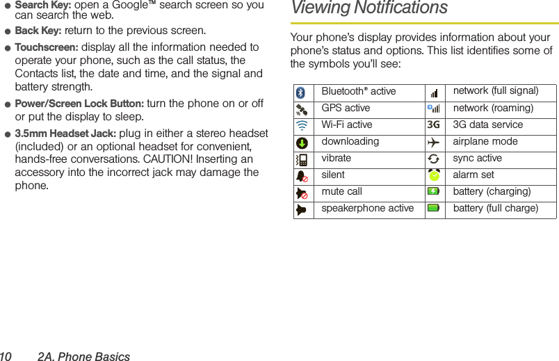 10 2A. Phone Basics䢇Search Key: open a Google™ search screen so you can search the web.䢇Back Key: return to the previous screen.䢇Touchscreen: display all the information needed to operate your phone, such as the call status, the Contacts list, the date and time, and the signal and battery strength.䢇Power/Screen Lock Button: turn the phone on or off or put the display to sleep.䢇3.5mm Headset Jack: plug in either a stereo headset (included) or an optional headset for convenient, hands-free conversations. CAUTION! Inserting an accessory into the incorrect jack may damage the phone.Viewing NotificationsYour phone’s display provides information about your phone’s status and options. This list identifies some of the symbols you’ll see:Bluetooth® active  network (full signal)GPS active network (roaming)Wi-Fi active 3G data servicedownloading airplane modevibrate sync activesilent alarm set mute call battery (charging)speakerphone active battery (full charge)