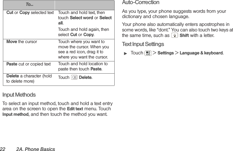 22 2A. Phone BasicsInput MethodsTo select an input method, touch and hold a text entry area on the screen to open the Edit text menu. Touch Input method, and then touch the method you want.Auto-Correction As you type, your phone suggests words from your dictionary and chosen language. Your phone also automatically enters apostrophes in some words, like “dont.” You can also touch two keys at the same time, such as   Shift with a letter.Text Input Settings䊳Touch  &gt; Settings &gt; Language &amp; keyboard.Cut or Copy selected text Touch and hold text, then touch Select word or Select all.Touch and hold again, then select Cut or Copy.Move the cursor Touch where you want to move the cursor. When you see a red icon, drag it to where you want the cursor.Paste cut or copied text Touch and hold location to paste then touch Paste.Delete a character (hold to delete more) Touch  Delete.To...