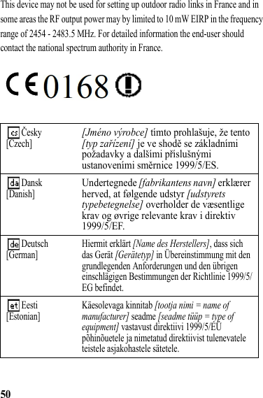 50This device may not be used for setting up outdoor radio links in France and in some areas the RF output power may by limited to 10 mW EIRP in the frequency range of 2454 - 2483.5 MHz. For detailed information the end-user should contact the national spectrum authority in France. Česky[Czech][Jméno výrobce] tímto prohlašuje, že tento [typ zařízení] je ve shodě se základními požadavky a dalšími příslušnými ustanoveními směrnice 1999/5/ES. Dansk[Danish]Undertegnede [fabrikantens navn] erklærer herved, at følgende udstyr [udstyrets typebetegnelse] overholder de væsentlige krav og øvrige relevante krav i direktiv 1999/5/EF. Deutsch[German] Hiermit erklärt [Name des Herstellers], dass sich das Gerät [Gerätetyp] in Übereinstimmung mit den grundlegenden Anforderungen und den übrigen einschlägigen Bestimmungen der Richtlinie 1999/5/EG befindet. Eesti[Estonian] Käesolevaga kinnitab [tootja nimi = name of manufacturer] seadme [seadme tüüp = type of equipment] vastavust direktiivi 1999/5/EÜ põhinõuetele ja nimetatud direktiivist tulenevatele teistele asjakohastele sätetele. 