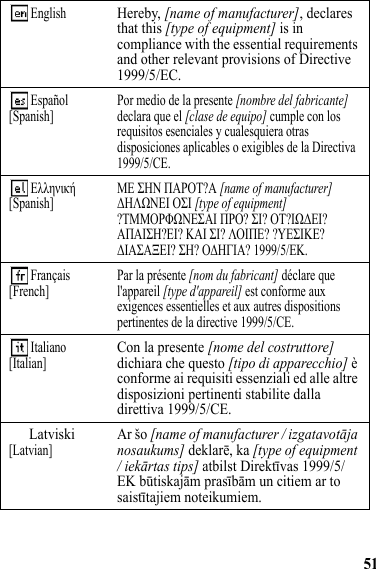 51 EnglishHereby, [name of manufacturer], declares that this [type of equipment] is in compliance with the essential requirements and other relevant provisions of Directive 1999/5/EC. Español[Spanish] Por medio de la presente [nombre del fabricante] declara que el [clase de equipo] cumple con los requisitos esenciales y cualesquiera otras disposiciones aplicables o exigibles de la Directiva 1999/5/CE.  Ελληνική[Spanish] ΜΕ ΣΗΝ ΠΑΡΟΤ?Α [name of manufacturer] ΔΗΛΩΝΕΙ ΟΣΙ [type of equipment] ?ΤΜΜΟΡΦΩΝΕΣΑΙ ΠΡΟ? ΣΙ? ΟΤ?ΙΩΔΕΙ? ΑΠΑΙΣΗ?ΕΙ? ΚΑΙ ΣΙ? ΛΟΙΠΕ? ?ΥΕΣΙΚΕ? ΔΙΑΣΑΞΕΙ? ΣΗ? ΟΔΗΓΙΑ? 1999/5/ΕΚ.  Français[French] Par la présente [nom du fabricant] déclare que l&apos;appareil [type d&apos;appareil] est conforme aux exigences essentielles et aux autres dispositions pertinentes de la directive 1999/5/CE. Italiano[Italian]Con la presente [nome del costruttore] dichiara che questo [tipo di apparecchio] è conforme ai requisiti essenziali ed alle altre disposizioni pertinenti stabilite dalla direttiva 1999/5/CE.Latviski[Latvian]Ar šo [name of manufacturer / izgatavotāja nosaukums] deklarē, ka [type of equipment / iekārtas tips] atbilst Direktīvas 1999/5/EK būtiskajām prasībām un citiem ar to saistītajiem noteikumiem.