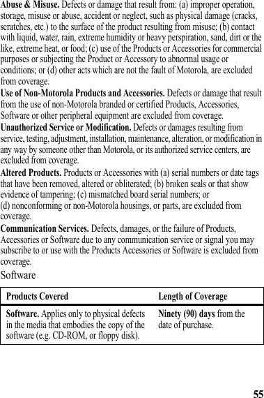 55Abuse &amp; Misuse. Defects or damage that result from: (a) improper operation, storage, misuse or abuse, accident or neglect, such as physical damage (cracks, scratches, etc.) to the surface of the product resulting from misuse; (b) contact with liquid, water, rain, extreme humidity or heavy perspiration, sand, dirt or the like, extreme heat, or food; (c) use of the Products or Accessories for commercial purposes or subjecting the Product or Accessory to abnormal usage or conditions; or (d) other acts which are not the fault of Motorola, are excluded from coverage.Use of Non-Motorola Products and Accessories. Defects or damage that result from the use of non-Motorola branded or certified Products, Accessories, Software or other peripheral equipment are excluded from coverage.Unauthorized Service or Modification. Defects or damages resulting from service, testing, adjustment, installation, maintenance, alteration, or modification in any way by someone other than Motorola, or its authorized service centers, are excluded from coverage.Altered Products. Products or Accessories with (a) serial numbers or date tags that have been removed, altered or obliterated; (b) broken seals or that show evidence of tampering; (c) mismatched board serial numbers; or (d) nonconforming or non-Motorola housings, or parts, are excluded from coverage.Communication Services. Defects, damages, or the failure of Products, Accessories or Software due to any communication service or signal you may subscribe to or use with the Products Accessories or Software is excluded from coverage.SoftwareProducts Covered Length of CoverageSoftware. Applies only to physical defects in the media that embodies the copy of the software (e.g. CD-ROM, or floppy disk).Ninety (90) days from the date of purchase.