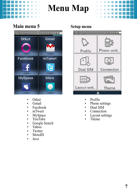 Menu Map7 Main menu 5 • Orkut• Gmail• Facebook• mTweet• MySpace• YouTube• Google Search• Yahoo•Twitter• MotoID•Java Setup menu • Profile• Phone settings• Dual SIM• Connection• Layout settings•Theme