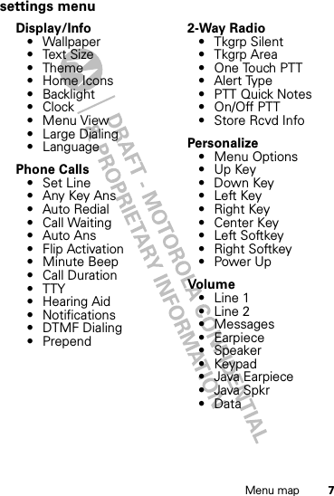 7Menu mapsettings menuDisplay/Info• Wallpaper•Text Size•Theme• Home Icons• Backlight•Clock• Menu View• Large Dialing• LanguagePhone Calls• Set Line• Any Key Ans• Auto Redial• Call Waiting•Auto Ans•Flip Activation• Minute Beep• Call Duration•TTY•Hearing Aid• Notifications• DTMF Dialing• Prepend2-Way Radio•Tkgrp Silent•Tkgrp Area• One Touch PTT•Alert Type• PTT Quick Notes• On/Off PTT• Store Rcvd InfoPersonalize• Menu Options•Up Key• Down Key•Left Key•Right Key• Center Key•Left Softkey•Right Softkey•Power UpVolu me• Line 1• Line 2• Messages• Earpiece• Speaker•Keypad• Java Earpiece• Java Spkr• Data