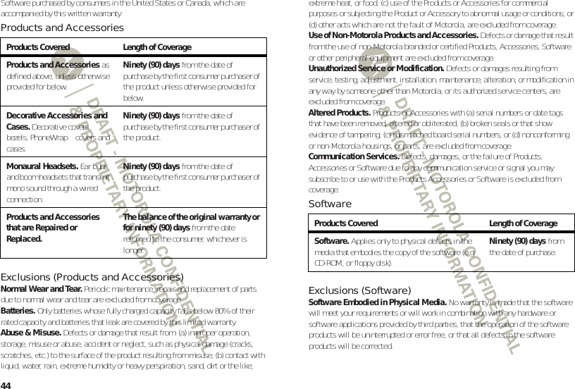 44Software purchased by consumers in the United States or Canada, which are accompanied by this written warranty:Products and AccessoriesExclusions (Products and Accessories)Normal Wear and Tear. Periodic maintenance, repair and replacement of parts due to normal wear and tear are excluded from coverage.Batteries. Only batteries whose fully charged capacity falls below 80% of their rated capacity and batteries that leak are covered by this limited warranty.Abuse &amp; Misuse. Defects or damage that result from: (a) improper operation, storage, misuse or abuse, accident or neglect, such as physical damage (cracks, scratches, etc.) to the surface of the product resulting from misuse; (b) contact with liquid, water, rain, extreme humidity or heavy perspiration, sand, dirt or the like, Products Covered Length of CoverageProducts and Accessories as defined above, unless otherwise provided for below.Ninety (90) days from the date of purchase by the first consumer purchaser of the product unless otherwise provided for below.Decorative Accessories and Cases. Decorative covers, bezels, PhoneWrap™ covers and cases.Ninety (90) days from the date of purchase by the first consumer purchaser of the product.Monaural Headsets. Ear buds and boom headsets that transmit mono sound through a wired connection.Ninety (90) days from the date of purchase by the first consumer purchaser of the product.Products and Accessories that are Repaired or Replaced.The balance of the original warranty or for ninety (90) days from the date returned to the consumer, whichever is longer.extreme heat, or food; (c) use of the Products or Accessories for commercial purposes or subjecting the Product or Accessory to abnormal usage or conditions; or (d) other acts which are not the fault of Motorola, are excluded from coverage.Use of Non-Motorola Products and Accessories. Defects or damage that result from the use of non-Motorola branded or certified Products, Accessories, Software or other peripheral equipment are excluded from coverage.Unauthorized Service or Modification. Defects or damages resulting from service, testing, adjustment, installation, maintenance, alteration, or modification in any way by someone other than Motorola, or its authorized service centers, are excluded from coverage.Altered Products. Products or Accessories with (a) serial numbers or date tags that have been removed, altered or obliterated; (b) broken seals or that show evidence of tampering; (c) mismatched board serial numbers; or (d) nonconforming or non-Motorola housings, or parts, are excluded from coverage.Communication Services. Defects, damages, or the failure of Products, Accessories or Software due to any communication service or signal you may subscribe to or use with the Products Accessories or Software is excluded from coverage.SoftwareExclusions (Software)Software Embodied in Physical Media. No warranty is made that the software will meet your requirements or will work in combination with any hardware or software applications provided by third parties, that the operation of the software products will be uninterrupted or error free, or that all defects in the software products will be corrected.Products Covered Length of CoverageSoftware. Applies only to physical defects in the media that embodies the copy of the software (e.g. CD-ROM, or floppy disk).Ninety (90) days from the date of purchase.