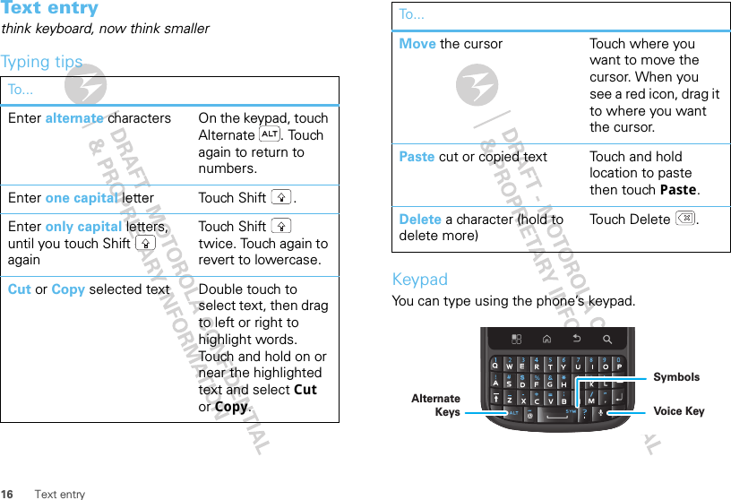 16 Text entryText entrythink keyboard, now think smallerTyping tipsTo . ..Enter alternate characters On the keypad, touch Alternate . Touch again to return to numbers.Enter one capital letter Touch Shift .Enter only capital letters, until you touch Shift  againTou ch  Sh ift  twice. Touch again to revert to lowercase.Cut or Copy selected text Double touch to select text, then drag to left or right to highlight words. Touch and hold on or near the highlighted text and select Cut or Copy.KeypadYou can type using the phone’s keypad.Move the cursor Touch where you want to move the cursor. When you see a red icon, drag it to where you want the cursor.Paste cut or copied text Touch and hold location to paste then touch Paste.Delete a character (hold to delete more)To uc h D e l e t e .To...Voice KeySymbolsAlternate Keys