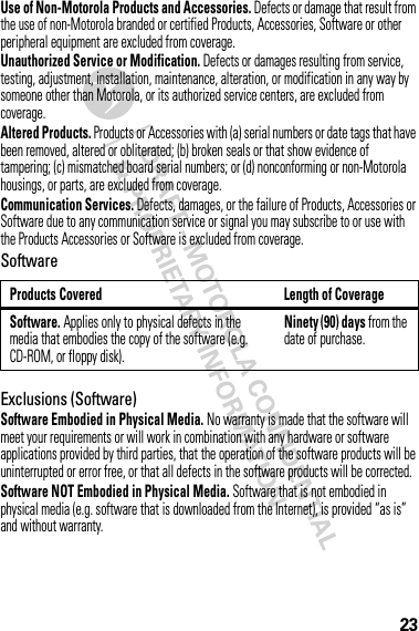 23Use of Non-Motorola Products and Accessories. Defects or damage that result from the use of non-Motorola branded or certified Products, Accessories, Software or other peripheral equipment are excluded from coverage.Unauthorized Service or Modification. Defects or damages resulting from service, testing, adjustment, installation, maintenance, alteration, or modification in any way by someone other than Motorola, or its authorized service centers, are excluded from coverage.Altered Products. Products or Accessories with (a) serial numbers or date tags that have been removed, altered or obliterated; (b) broken seals or that show evidence of tampering; (c) mismatched board serial numbers; or (d) nonconforming or non-Motorola housings, or parts, are excluded from coverage.Communication Services. Defects, damages, or the failure of Products, Accessories or Software due to any communication service or signal you may subscribe to or use with the Products Accessories or Software is excluded from coverage.SoftwareExclusions (Software)Software Embodied in Physical Media. No warranty is made that the software will meet your requirements or will work in combination with any hardware or software applications provided by third parties, that the operation of the software products will be uninterrupted or error free, or that all defects in the software products will be corrected.Software NOT Embodied in Physical Media. Software that is not embodied in physical media (e.g. software that is downloaded from the Internet), is provided “as is” and without warranty.Products Covered Length of CoverageSoftware. Applies only to physical defects in the media that embodies the copy of the software (e.g. CD-ROM, or floppy disk).Ninety (90) days from the date of purchase.