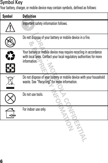 6Symbol KeyYour battery, charger, or mobile device may contain symbols, defined as follows:Symbol DefinitionImportant safety information follows.Do not dispose of your battery or mobile device in a fire.Your battery or mobile device may require recycling in accordance with local laws. Contact your local regulatory authorities for more information.Do not dispose of your battery or mobile device with your household waste. See “Recycling” for more information.Do not use tools.For indoor use only.032374o032376o032375o