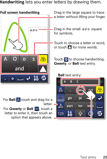 23Text entryHandwriting lets you enter letters by drawing them.andAOo s. ,ghipqrsabcjkltuvdefmnowxyzA      B      CTouch to choose a letter or word, or touch      for more words.Drag in the large square to trace a letter without lifting your finger.Drag in the small           square for symbols.For Bell      touch and drag for a letter.Full screen handwritingBell text entry:For Qwerty or Bell      , touch a letter to enter it, then touch an option that appears above.Touch      to choose handwriting, Qwerty, or Bell text entry.