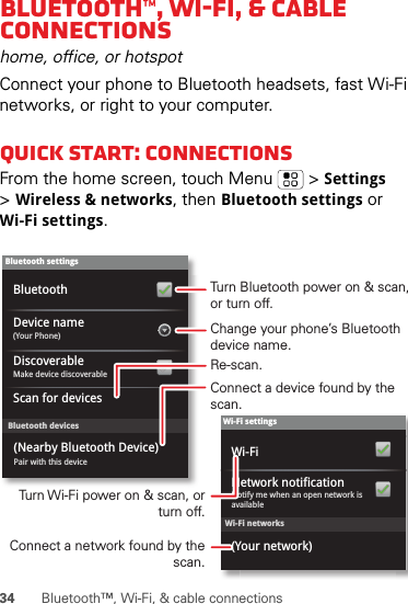 34 Bluetooth™, Wi-Fi, &amp; cable connectionsBluetooth™, Wi-Fi, &amp; cable connectionshome, office, or hotspotConnect your phone to Bluetooth headsets, fast Wi-Fi networks, or right to your computer.Quick start: connectionsFrom the home screen, touch Menu  &gt;Settings &gt;Wireless &amp; networks, then Bluetooth settings or Wi-Fi settings.Wi-Fi networksWi-Fi settingsNotify me when an open network is availableNetwork notification(Your network)Wi-FiBluetooth devicesBluetooth settings(Your Phone)Device nameScan for devicesMake device discoverableDiscoverableBluetoothPair with this device(Nearby Bluetooth Device)Turn Bluetooth power on &amp; scan, or turn off.Change your phone’s Bluetooth device name.Turn Wi-Fi power on &amp; scan, or  turn off.Re-scan.Connect a device found by the scan.Connect a network found by the scan.