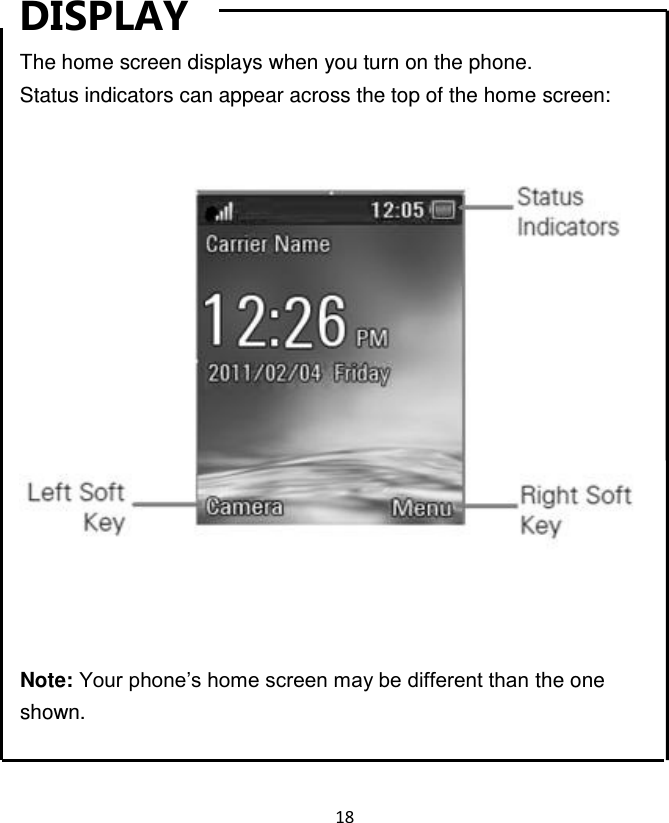 18  DISPLAY The home screen displays when you turn on the phone. Status indicators can appear across the top of the home screen:      Note: Your phone‟s home screen may be different than the one shown.  