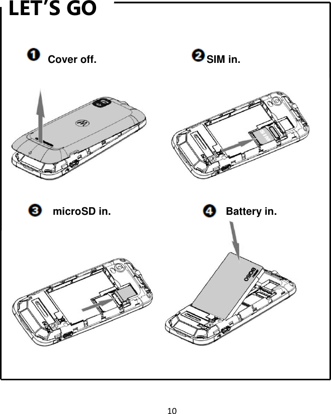 10  LET’S GO   Cover off.                                    SIM in.        microSD in.                  Battery in.    