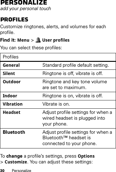 30 PersonalizePersonalizeadd your personal touchProfilesCustomize ringtones, alerts, and volumes for each profile.Find it: Menu &gt; User profilesYou can select these profiles:To  change a profile’s settings, pressOptions &gt;Customize. You can adjust these settings:ProfilesGeneralStandard profile default setting.SilentRingtone is off, vibrate is off.OutdoorRingtone and key tone volume are set to maximum.IndoorRingtone is on, vibrate is off.VibrationVibrate is on.HeadsetAdjust profile settings for when a wired headset is plugged into your phone.Bluetooth Adjust profile settings for when a Bluetooth™ headset is connected to your phone.