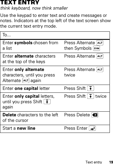 19Text entryText entrythink keyboard, now think smallerUse the keypad to enter text and create messages or notes. Indicators at the top left of the text screen show the current text entry mode.To . . .Enter symbols chosen from a listPress Alternate  then SymbolsEnter alternate characters at the top of the keysPress AlternateEnter only alternate characters, until you press Alternate  againPress Alternate  twiceEnter one capital letter Press ShiftEnter only capital letters, until you press Shift  againPress Shift  twiceDelete characters to the left of the cursorPress DeleteStart a new line Press Enter