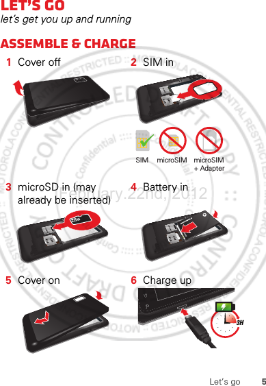 5Let’s goLet’s golet’s get you up and runningAssemble &amp; charge   1Cover off 2SIM in3microSD in (may already be inserted)4Battery in5Cover on 6Charge upSIM microSIM microSIM+ Adapter 3HFebruary.22nd, 2012