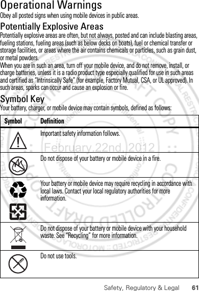 61Safety, Regulatory &amp; LegalOperational WarningsObey all posted signs when using mobile devices in public areas.Potentially Explosive AreasPotentially explosive areas are often, but not always, posted and can include blasting areas, fueling stations, fueling areas (such as below decks on boats), fuel or chemical transfer or storage facilities, or areas where the air contains chemicals or particles, such as grain dust, or metal powders.When you are in such an area, turn off your mobile device, and do not remove, install, or charge batteries, unless it is a radio product type especially qualified for use in such areas and certified as “Intrinsically Safe” (for example, Factory Mutual, CSA, or UL approved). In such areas, sparks can occur and cause an explosion or fire.Symbol KeyYour battery, charger, or mobile device may contain symbols, defined as follows:Symbol DefinitionImportant safety information follows.Do not dispose of your battery or mobile device in a fire.Your battery or mobile device may require recycling in accordance with local laws. Contact your local regulatory authorities for more information.Do not dispose of your battery or mobile device with your household waste. See “Recycling” for more information.Do not use tools.032374o032376o032375oFebruary.22nd, 2012