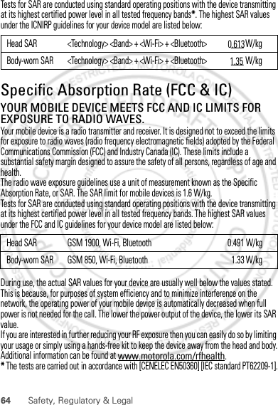 64 Safety, Regulatory &amp; LegalTests for SAR are conducted using standard operating positions with the device transmitting at its highest certified power level in all tested frequency bands*. The highest SAR values under the ICNIRP guidelines for your device model are listed below:During use, the actual SAR values for your device are usually well below the values stated. This is because, for purposes of system efficiency and to minimize interference on the network, the operating power of your mobile device is automatically decreased when full power is not needed for the call. The lower the power output of the device, the lower its SAR value.If you are interested in further reducing your RF exposure then you can easily do so by limiting your usage or simply using a hands-free kit to keep the device away from the head and body.Additional information can be found at www.motorola.com/rfhealth.* The tests are carried out in accordance with [CENELEC EN50360] [IEC standard PT62209-1].Head SAR &lt;Technology&gt; &lt;Band&gt; + &lt;Wi-Fi&gt; + &lt;Bluetooth&gt; ___ W/kgBody-worn SAR &lt;Technology&gt; &lt;Band&gt; + &lt;Wi-Fi&gt; + &lt;Bluetooth&gt; ___ W/kgFebruary.22nd, 20120.6131.35Specific Absorption Rate (FCC &amp; IC)SAR (IEEE)YOUR MOBILE DEVICE MEETS FCC AND IC LIMITS FOR EXPOSURE TO RADIO WAVES.Your mobile device is a radio transmitter and receiver. It is designed not to exceed the limits for exposure to radio waves (radio frequency electromagnetic fields) adopted by the Federal Communications Commission (FCC) and Industry Canada (IC). These limits include a substantial safety margin designed to assure the safety of all persons, regardless of age and health.The radio wave exposure guidelines use a unit of measurement known as the Specific Absorption Rate, or SAR. The SAR limit for mobile devices is 1.6 W/kg.Tests for SAR are conducted using standard operating positions with the device transmitting at its highest certified power level in all tested frequency bands. The highest SAR values under the FCC and IC guidelines for your device model are listed below:Head SAR GSM 1900, Wi-Fi, Bluetooth 0.491 W/kgBody-worn SAR GSM 850, Wi-Fi, Bluetooth  1.33 W/kg