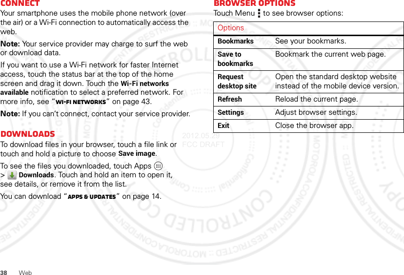 38 WebConnectYour smartphone uses the mobile phone network (over the air) or a Wi-Fi connection to automatically access the web.Note: Your service provider may charge to surf the web or download data.If you want to use a Wi-Fi network for faster Internet access, touch the status bar at the top of the home screen and drag it down. Touch the Wi-Fi networks available notification to select a preferred network. For more info, see “Wi-Fi networks” on page 43.Note: If you can’t connect, contact your service provider.DownloadsTo download files in your browser, touch a file link or touch and hold a picture to choose Save image.To see the files you downloaded, touch Apps  &gt;Downloads. Touch and hold an item to open it, see details, or remove it from the list.You can download “Apps &amp; updates” on page 14.Browser optionsTouch Menu  to see browser options:OptionsBookmarksSee your bookmarks.Save to bookmarksBookmark the current web page.Request desktop siteOpen the standard desktop website instead of the mobile device version.RefreshReload the current page.SettingsAdjust browser settings.ExitClose the browser app.2012.05.29 FCC DRAFT