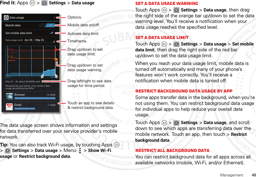 45ManagementFind it: Apps  &gt;  Settings &gt; Data usageThe data usage screen shows information and settings for data transferred over your service provider&apos;s mobile network.Tip: You can also track Wi-Fi usage, by touching Apps   &gt;  Settings &gt; Data usage &gt;Menu  &gt; Show Wi-Fi usage or Restrict background data.Data usageONMobile dataSet mobile data limitApr 26 - May 26Data usage cycleMay 19 - 26: about 38.65MB usedApr 26 May 26Measured by your phone. Your carrier’s datausage accounting may differ.BrowserEmail14.46MB7.28MBlimit4.0GBwarning1.5GBActivate data limit.Mobile data on/off.Touch an app to see details&amp; restrict background data.Drag up/down to setdata usage limit.Drag up/down to setdata usage warning.Drag left/right to see data usage for time period.Timeframe.Options.Set a data usage warningTouch Apps   &gt; Settings &gt; Data usage, then drag the right side of the orange bar up/down to set the data warning level. You&apos;ll receive a notification when your data usage reaches the specified level.Set a data usage limitTouch Apps   &gt; Settings &gt; Data usage &gt; Set mobile data limit, then drag the right side of the red bar up/down to set the data usage limit.When you reach your data usage limit, mobile data is turned off automatically and many of your phone’s features won&apos;t work correctly. You&apos;ll receive a notification when mobile data is turned off.Restrict background data usage by appSome apps transfer data in the background, when you&apos;re not using them. You can restrict background data usage for individual apps to help reduce your overall data usage.Touch Apps   &gt; Settings &gt; Data usage, and scroll down to see which apps are transferring data over the mobile network. Touch an app, then touch &gt; Restrict background data.Restrict all background dataYou can restrict background data for all apps across all available networks (mobile, Wi-Fi, and/or Ethernet).06/13/2012 FCC